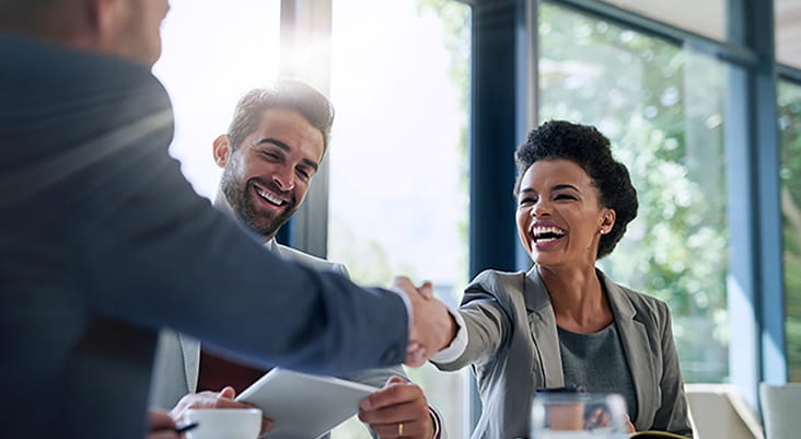 Woman shaking hands across desk