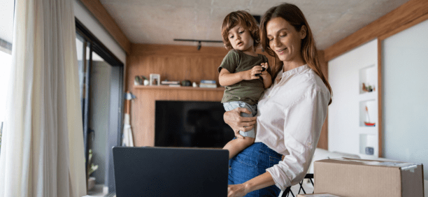 Woman checks benefits with child