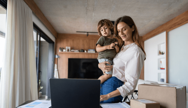 Woman checks benefits with child