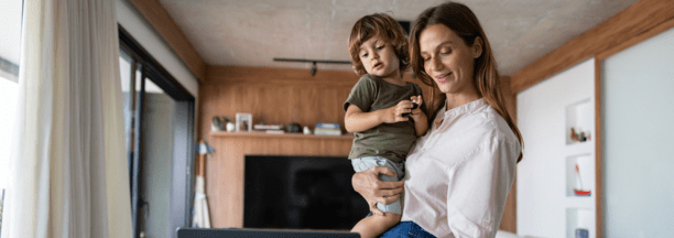 Woman checks benefits with child