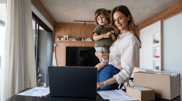 Woman checks benefits with child